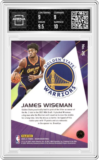 James Wiseman from the 2020-21 Panini Recon set featuring a Holo Orange parallel graded by Arena Club and given an overall grade of 9.5.