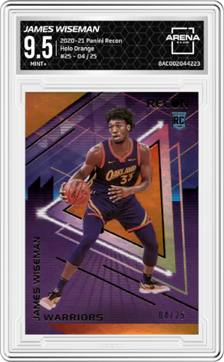 James Wiseman from the 2020-21 Panini Recon set featuring a Holo Orange parallel graded by Arena Club and given an overall grade of 9.5.