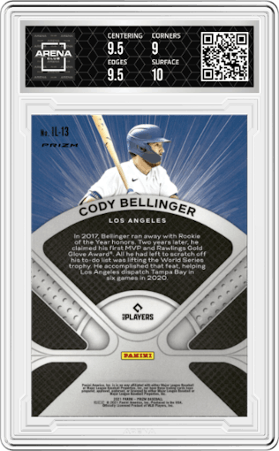 Cody Bellinger from the 2021 Panini Prizm set featuring a Giraffe parallel graded by Arena Club and given an overall grade of 9.5.