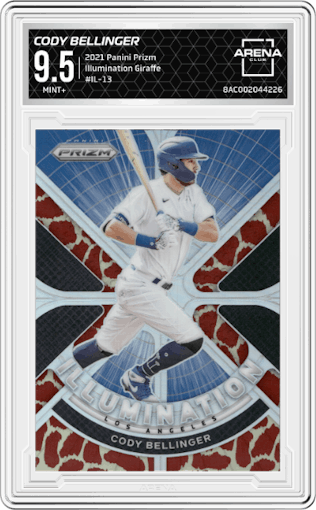 Cody Bellinger from the 2021 Panini Prizm set featuring a Giraffe parallel graded by Arena Club and given an overall grade of 9.5.
