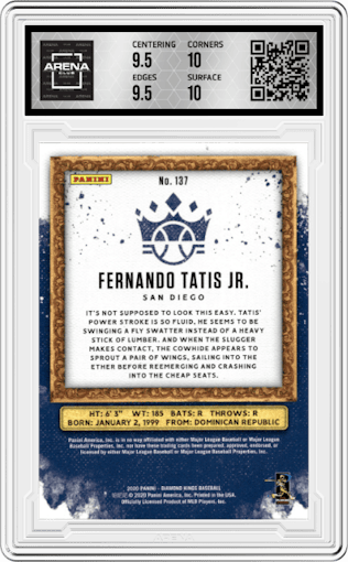 Fernando Tatis Jr. from the 2020 Panini Diamond Kings set featuring a Plum Frame parallel graded by Arena Club and given an overall grade of 10.