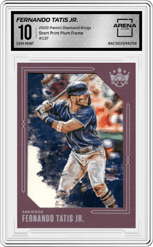Fernando Tatis Jr. from the 2020 Panini Diamond Kings set featuring a Plum Frame parallel graded by Arena Club and given an overall grade of 10.