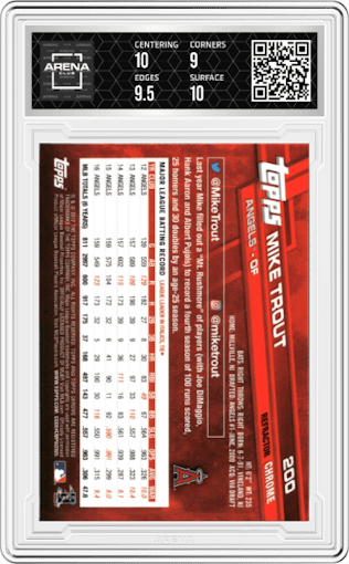Mike Trout from the 2017 Topps Chrome set featuring a Refractor parallel graded by Arena Club and given an overall grade of 9.5.
