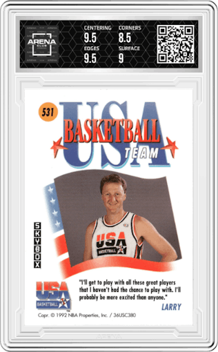 Larry Bird from the 1991-92 Skybox set graded by Arena Club and given an overall grade of 9.