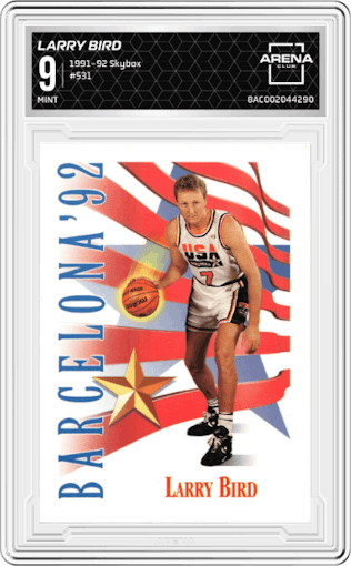 Larry Bird from the 1991-92 Skybox set graded by Arena Club and given an overall grade of 9.