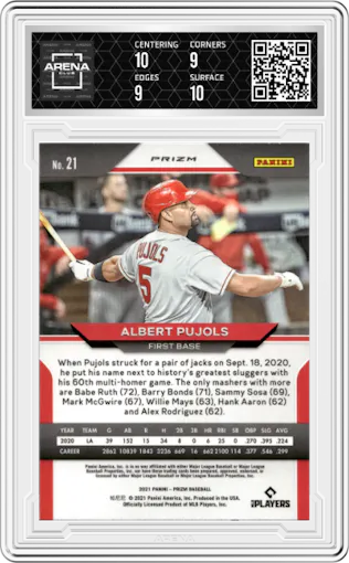 Albert Pujols from the 2021 Panini Prizm set featuring a Tiger Stripes parallel graded by Arena Club and given an overall grade of 9.5.