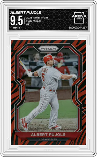 Albert Pujols from the 2021 Panini Prizm set featuring a Tiger Stripes parallel graded by Arena Club and given an overall grade of 9.5.