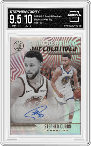 Stephen Curry from the 2019-20 Panini Illusions set graded by Arena Club and given an overall grade of 9.5.