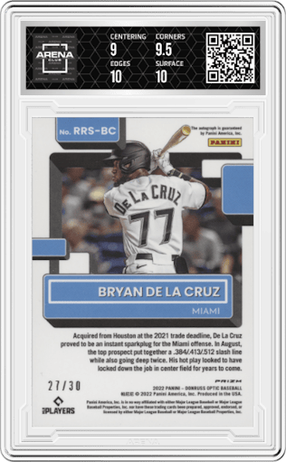 Bryan De La Cruz from the 2022 Donruss Optic set featuring a  Black Cracked Ice parallel graded by Arena Club and given an overall grade of 9.5.