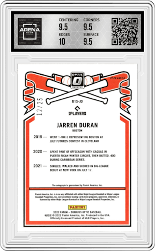 Jarren Duran from the 2022 Donruss Optic set featuring a Red Cracked Ice parallel graded by Arena Club and given an overall grade of 10.