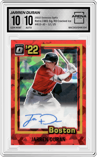 Jarren Duran from the 2022 Donruss Optic set featuring a Red Cracked Ice parallel graded by Arena Club and given an overall grade of 10.