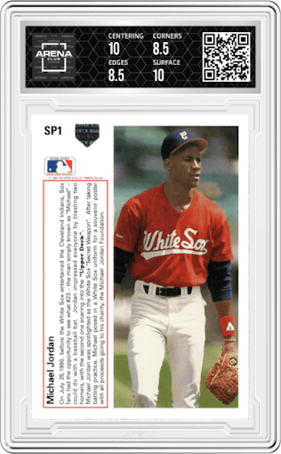 Michael Jordan from the 1991 Upper Deck set graded by Arena Club and given an overall grade of 9.