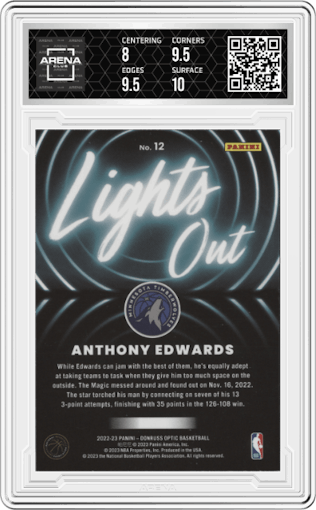 Anthony Edwards from the 2022-23 Panini Donruss Optic  set graded by Arena Club and given an overall grade of 8.5.