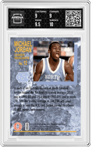 Michael Jordan from the 2013-14 Fleer Retro set graded by Arena Club and given an overall grade of 9.5.