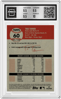 Trea Turner from the 2022 Topps Chrome Platinum Anniversary set featuring a Platinum Toile Cream and Black Refractor parallel graded by Arena Club and given an overall grade of 10.