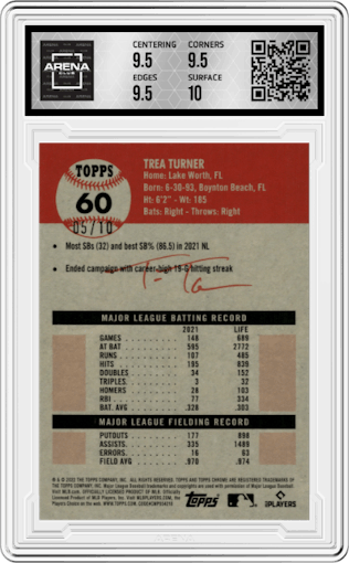 Trea Turner from the 2022 Topps Chrome Platinum Anniversary set featuring a Platinum Toile Cream and Black Refractor parallel graded by Arena Club and given an overall grade of 10.