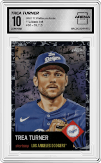 Trea Turner from the 2022 Topps Chrome Platinum Anniversary set featuring a Platinum Toile Cream and Black Refractor parallel graded by Arena Club and given an overall grade of 10.