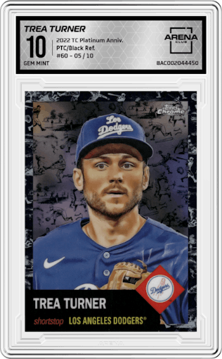 Trea Turner from the 2022 Topps Chrome Platinum Anniversary set featuring a Platinum Toile Cream and Black Refractor parallel graded by Arena Club and given an overall grade of 10.