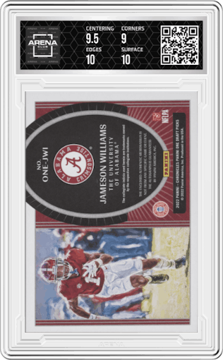 Jameson Williams from the 2022 Panini Chronicles Draft Picks set graded by Arena Club and given an overall grade of 9.5.