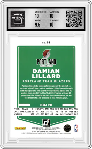 Damian Lillard from the 2021-22 Panini Donruss set featuring a Green/Yellow Holo Laser  parallel graded by Arena Club and given an overall grade of 10.