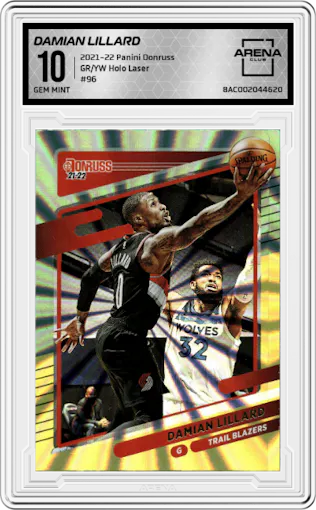Damian Lillard from the 2021-22 Panini Donruss set featuring a Green/Yellow Holo Laser  parallel graded by Arena Club and given an overall grade of 10.