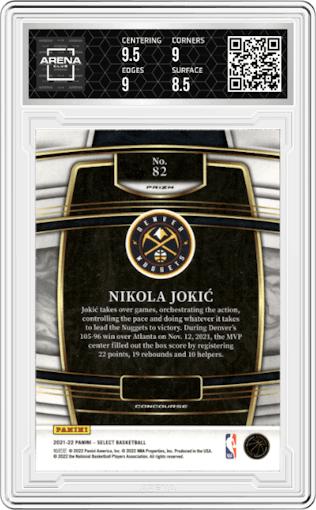Nikola Jokic from the 2021-22 Panini Select set featuring a Orange Flash parallel graded by Arena Club and given an overall grade of 9.