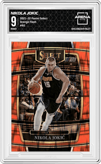 Nikola Jokic from the 2021-22 Panini Select set featuring a Orange Flash parallel graded by Arena Club and given an overall grade of 9.