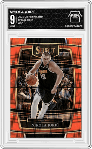 Nikola Jokic from the 2021-22 Panini Select set featuring a Orange Flash parallel graded by Arena Club and given an overall grade of 9.