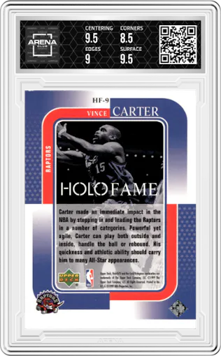 Vince Carter from the 1999-00 Upper Deck HoloGrFX set graded by Arena Club and given an overall grade of 9.
