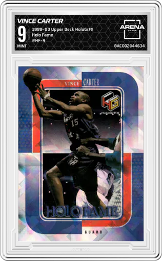Vince Carter from the 1999-00 Upper Deck HoloGrFX set graded by Arena Club and given an overall grade of 9.