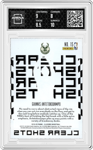 Giannis Antetokounmpo from the 2019-20 Panini Illusions set graded by Arena Club and given an overall grade of 8.5.
