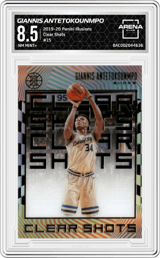 Giannis Antetokounmpo from the 2019-20 Panini Illusions set graded by Arena Club and given an overall grade of 8.5.