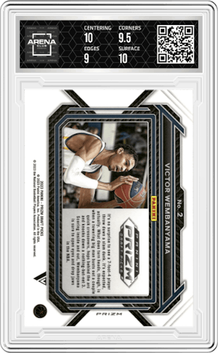 Victor Wembanyama  from the 2023-24 Panini Prizm Draft Picks set featuring a Purple Wave parallel graded by Arena Club and given an overall grade of 9.5.