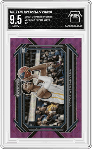 Victor Wembanyama  from the 2023-24 Panini Prizm Draft Picks set featuring a Purple Wave parallel graded by Arena Club and given an overall grade of 9.5.
