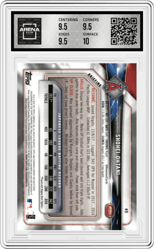 Shohei Ohtani from the 2018 Bowman set graded by Arena Club and given an overall grade of 10.