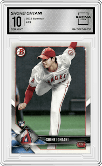 Shohei Ohtani from the 2018 Bowman set graded by Arena Club and given an overall grade of 10.