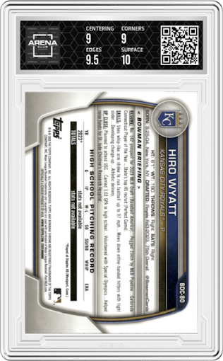 Hiro Wyatt from the 2023 Bowman Draft set featuring a Yellow Lunar Crater Refractor parallel graded by Arena Club and given an overall grade of 9.5.