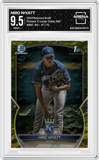 Hiro Wyatt from the 2023 Bowman Draft set featuring a Yellow Lunar Crater Refractor parallel graded by Arena Club and given an overall grade of 9.5.