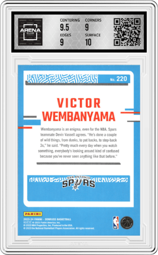Victor Wembanyama from the 2023-24 Panini Donruss set graded by Arena Club and given an overall grade of 10.