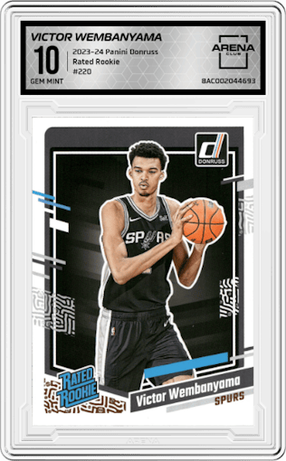 Victor Wembanyama from the 2023-24 Panini Donruss set graded by Arena Club and given an overall grade of 10.