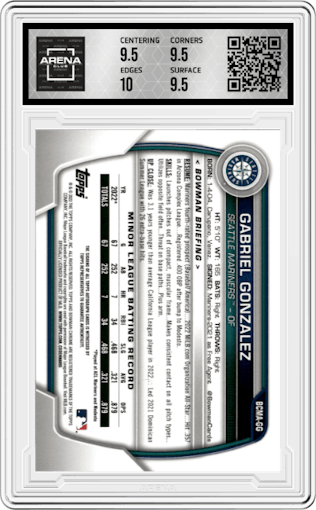 GABRIEL GONZALEZ from the 2023 Bowman Chrome Mega Box set graded by Arena Club and given an overall grade of 10.