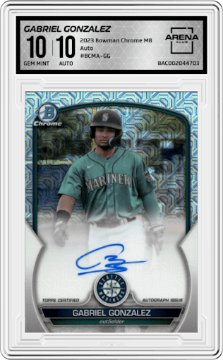 GABRIEL GONZALEZ from the 2023 Bowman Chrome Mega Box set graded by Arena Club and given an overall grade of 10.