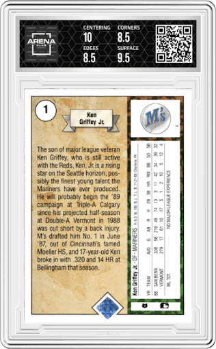 Ken Griffey Jr. from the 1989 Upper Deck set graded by Arena Club and given an overall grade of 9.