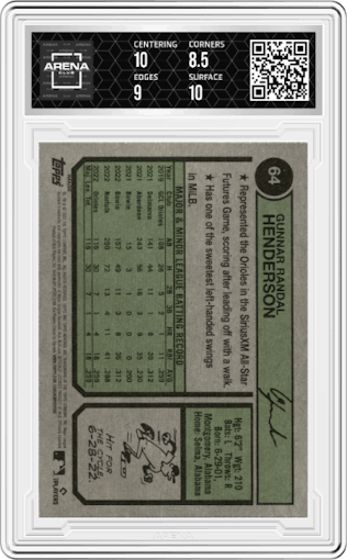 Gunnar Henderson from the 2023 Topps Heritage set graded by Arena Club and given an overall grade of 9.