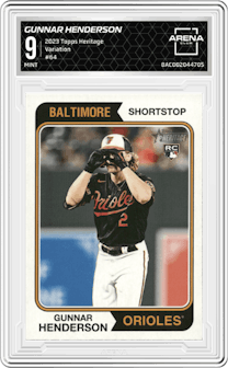 Gunnar Henderson from the 2023 Topps Heritage set graded by Arena Club and given an overall grade of 9.