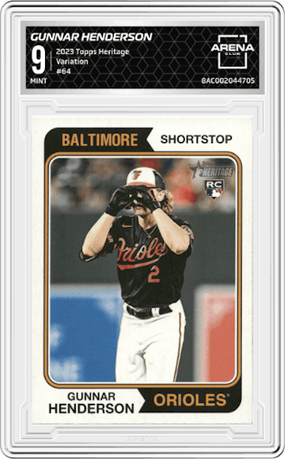 Gunnar Henderson from the 2023 Topps Heritage set graded by Arena Club and given an overall grade of 9.