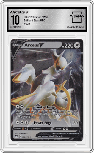 Arceus V from the 2022 Pokemon SWSH set featuring a Ultra Premium Collection parallel graded by Arena Club and given an overall grade of 10.