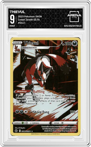 Thievul from the 2023 Pokemon SWSH set graded by Arena Club and given an overall grade of 9.