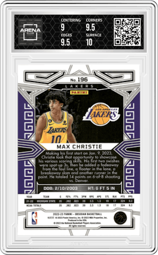 Max Christie from the 2022-23 Panini Obsidian set graded by Arena Club and given an overall grade of 9.5.