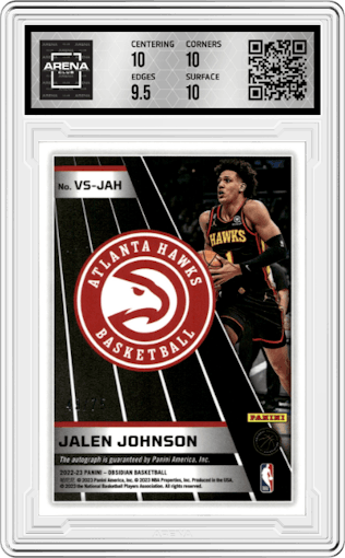 Jalen Johnson from the 2022-23 Panini Obsidian set featuring a Electric Etch Purple parallel graded by Arena Club and given an overall grade of 10.
